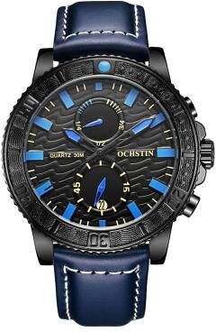Everyday Crate Ochstin 6045A Mens Quartz Watch Genuine Leather Business Watch With Luminous Display black+blue