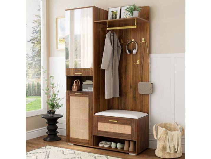 VUENOR Ensemble vestiaire d'entrée 110 x 38 x 190 cm noyer foncé avec miroir LED et banc