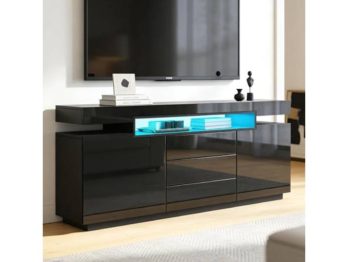 Schwarz Sideboard Schrank Matt Body & Hochglanz TV Lowboard LED Beleuchtung Kommode mit 2 Türen 3 Schubladen, 160cm, 16 wechselnden Farben und 4 Modi, für Wohnzimmer Esszimmer