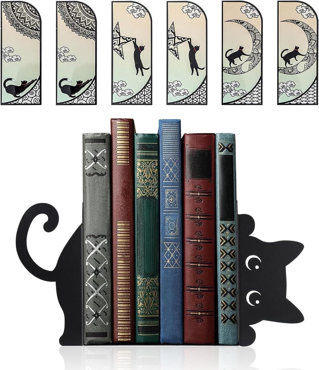 Set van 7 decoratieve zwarte boekensteuners met kattenontwerp