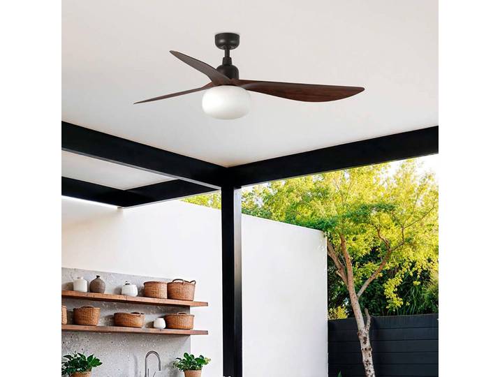FARO BARCELONA Deckenventilator mit Licht Outwood, braun, DC, leise, Ø150cm dimmbar, schwarz, für Wohn- / Esszimmer, Kunststoff, Modern