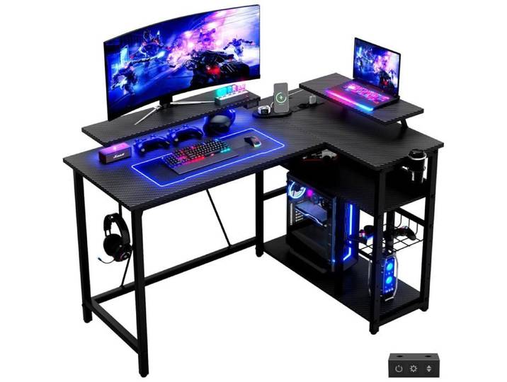 Bureau Gaming L-Shape 120x80cm avec Support Écran & LED Noir Tray Réglable en Hauteur Double Support Écran Structure Stable Idéal