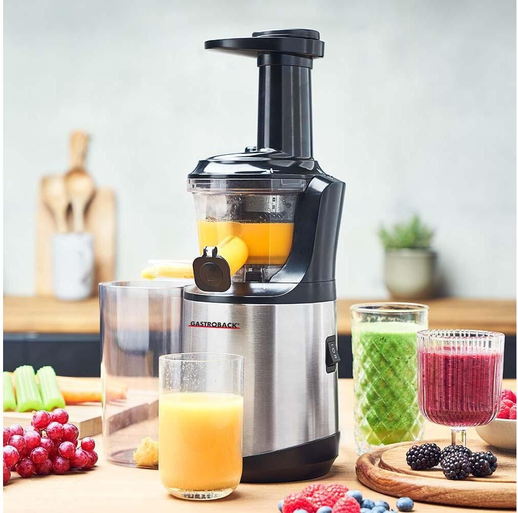 GASTROBACK Slow Juicer "Slow Juicer Advanced vital 40145", schwarz (silberfarben, schwarz, transparent), B:19cm H:42cm T:18,5cm, Entsafter, Saftauffangbehälter, Tropf-Stopp, Slow Juicer silberfarben, schwarz, transparent Einheitsgröße