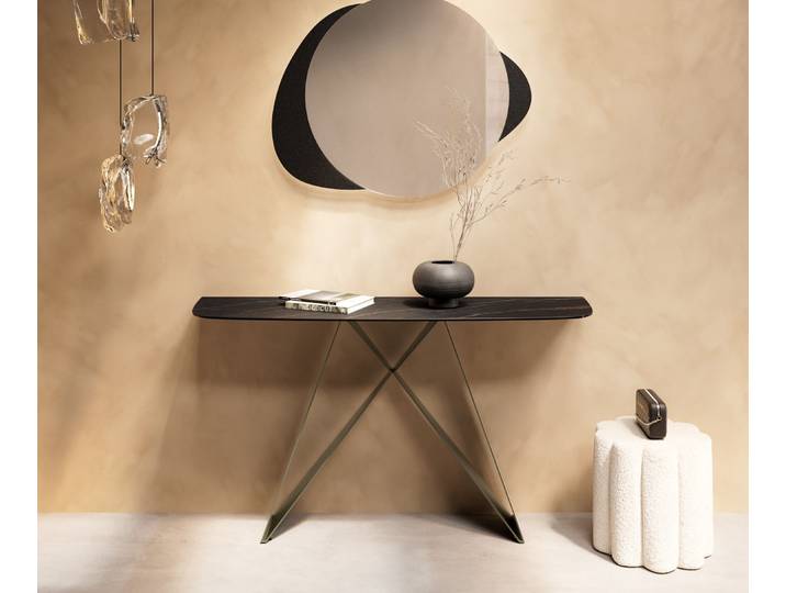 Konsolentisch Edge Boot 140x40 cm Keramik Laminam® Noir Desir Braun Velio Metall Effektfinish Titan, Konsolentische