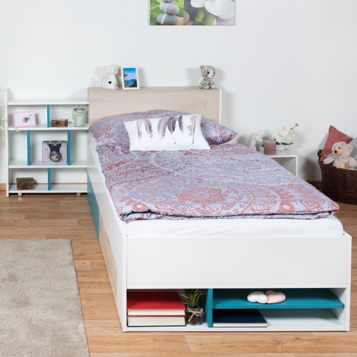 Kinderbett / Jugendbett Aalst 28, Farbe: Eiche / Weiß / Blau - Liegefläche: 90 x 200 cm