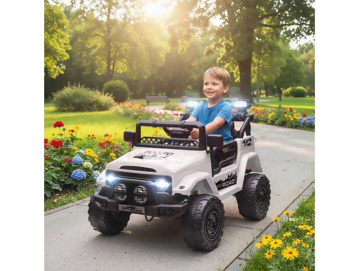 AIYAPLAY Tout-Terrain Enfant Blanc avec Phares et Télécommande
