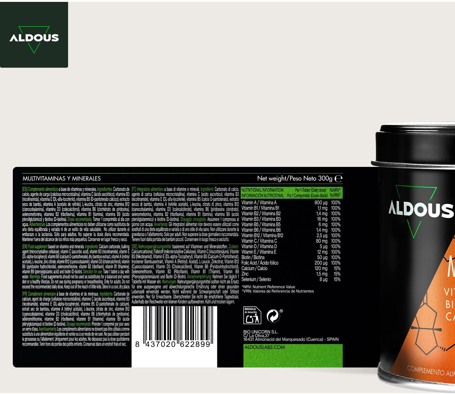 Aldous Bio Multivitaminas C D E a B Biotina Calcio Zinc 500 comp