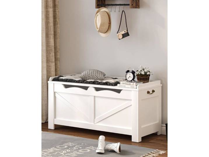 Banc de Rangement - Coffre de Rangement à Couvercle relevable avec 2 charnières de sécurité Banc Chaussures en Bois Blanc