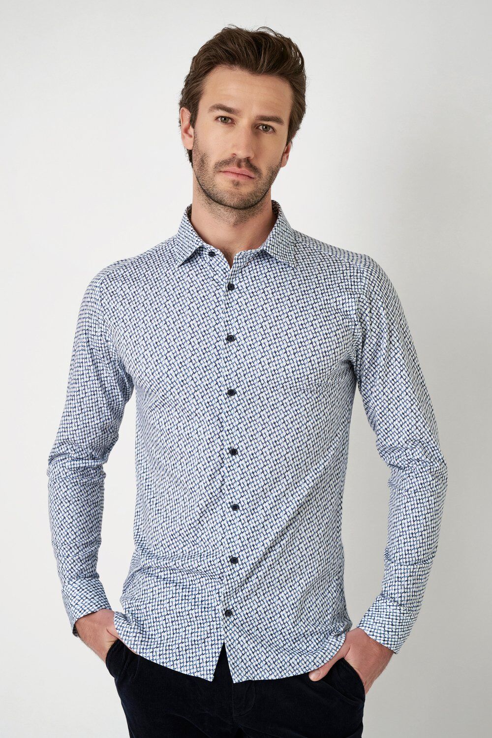 Langarmhemd DESOTO "Jerseyhemd Casual Kent langarm", Herren, Gr. 3XL, N-Gr, beige (stone blau skyscrapers), Jersey, Obermaterial: 100% Baumwolle, gemustert, mehrfarbig, slim fit normal, Rundhals, Raglanärmel,Ärmel mit Ärmelschlitz 1-Knopf-Manschette mit S