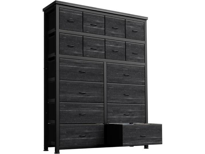 Commode 16 tiroirs tissu noir cadre métal chambre/salon/bureau