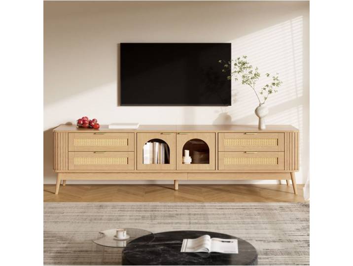 WOVREO Meuble TV 180 cm LED APP 4 tiroirs 2 portes verre trempé bois naturel