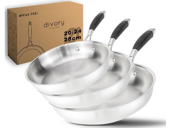 divory Pfannen-Set 3er Set, Edelstahlpfannen unbeschichtet, Induktion (Set: 20, 24, 28cm), Edelstahl