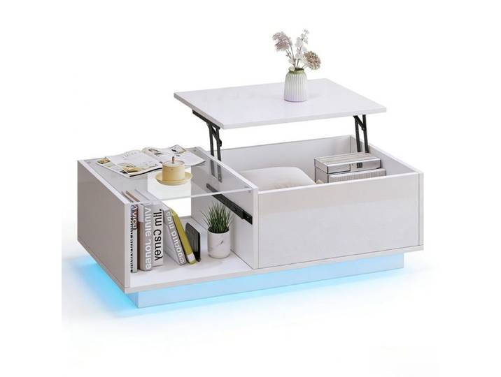 Table basse LED - BELLEMAVE - Table basse relevable - Table basse de salon avec rangement et étagères - 100x50x33-46 5 cm - Blanc