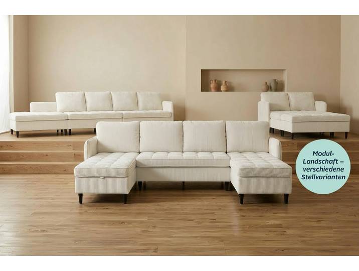 Wohnlandschaft DOREL HOME LINDHUS, Cord, Modulsofa, verschiedene Stellvarianten , beige (creme), B:254cm H:80cm T:127cm, 93% Polyester, 7% Nylon, Sofas, Wohnlandschaft, Breite als U-Form (254cm) mit Verbindern fixierbar, Recamiere,Stauraum