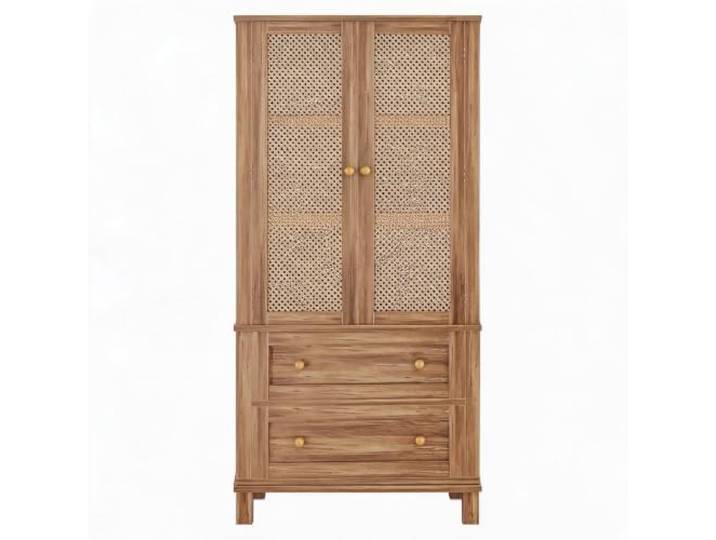 FairyLee 64 Zoll hoher freistehender Rattan-Vorratsschrank mit 2 verstellbaren Böden, 2 Schubladen & Rattantüren – Landhausstil in Walnussfarben für Küche, Esszimmer & Flur