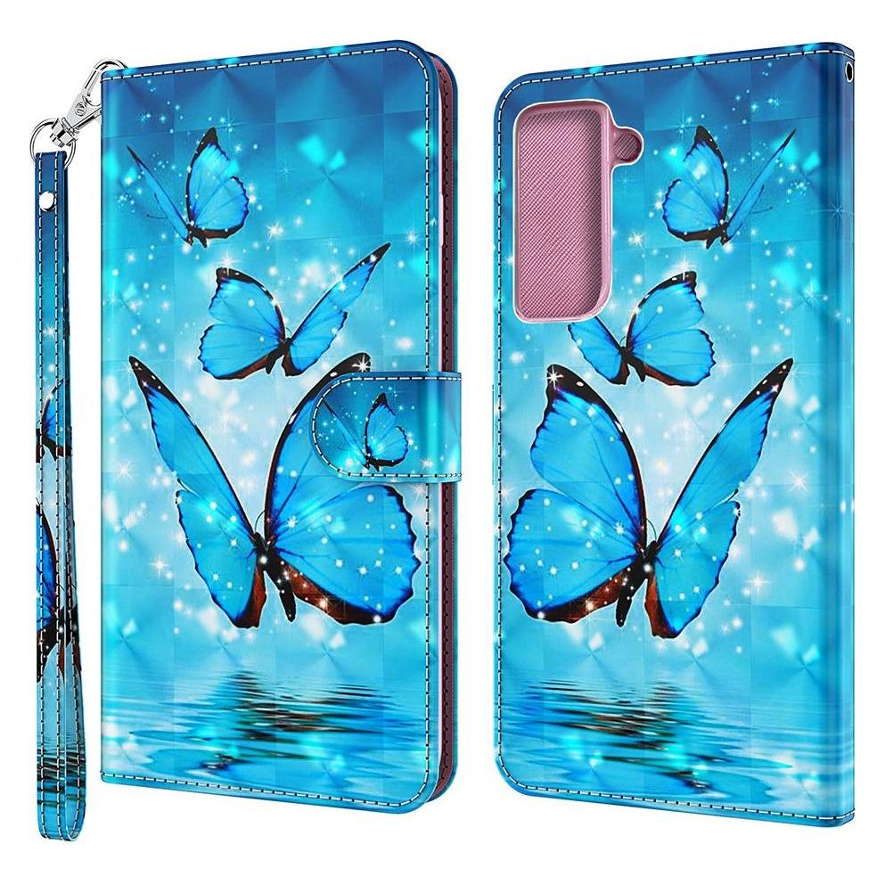 Cover-Discount Galaxy S21 FE - Etui Glitzer Effekt Schmetterling blau (Samsung Galaxy S21 FE) (101236405G)