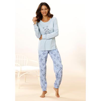 Pyjama, Damen, Gr. 48/50, blau (hellblau), Single Jersey, Obermaterial: 100% Baumwolle, VIVANCE DREAMS BY LASCANA, bequem lang, Rundhals, Rippbündchen, Homewear-Sets Pyjama, mit süßem Bärchendruck
