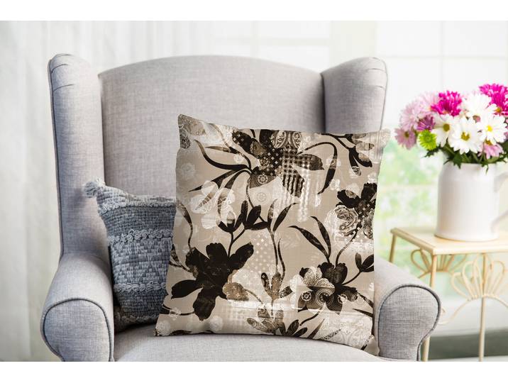 Dekokissen QUEENCE Fausto , schwarz (schwarz, bedruckt), B:40cm L:40cm, Obermaterial: 100% Polyester, Dekokissen_Sitzkissen_Kissenhüllen, Dekokissen, Kissenhülle,Blumenmuster,Beige,Zart,Elegant,Vintage,Natürlich