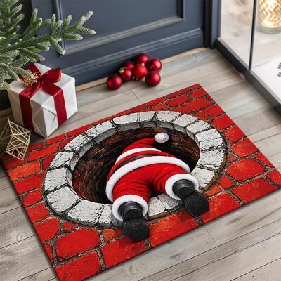 LightInthebox 3D Optical Illusion Doormat, Funny 3D Christmas Santa Claus Legs Stuck in Hole Door Mat, Non-Slip Washable Holiday Welcome Mat for Front Door Entryway Outdoor
