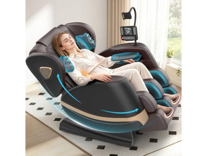 Ganzkörper Massagesessel mit Rollen & Airbags für Massage, Zero Gravity mit Bluetooth Lautsprecher und Touchscreen, Heizfunktion für Taille & Beine, mit Fußmassage für Hause/Büro (Schwarz + Braun)