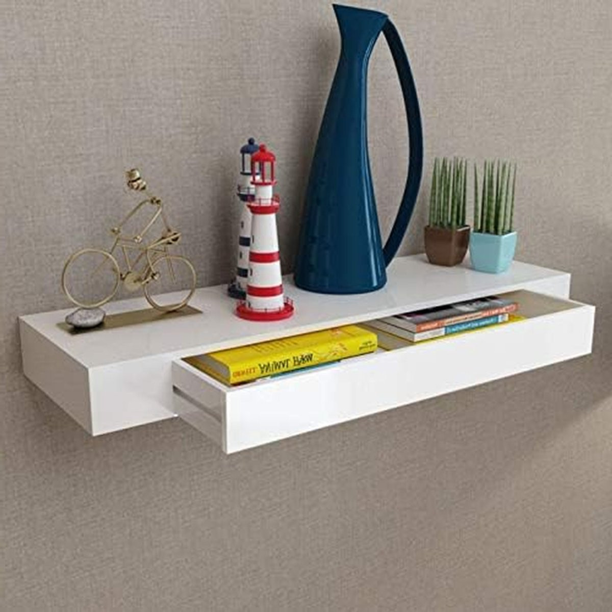Zwevende wandplank met lade - Wit - 48 cm