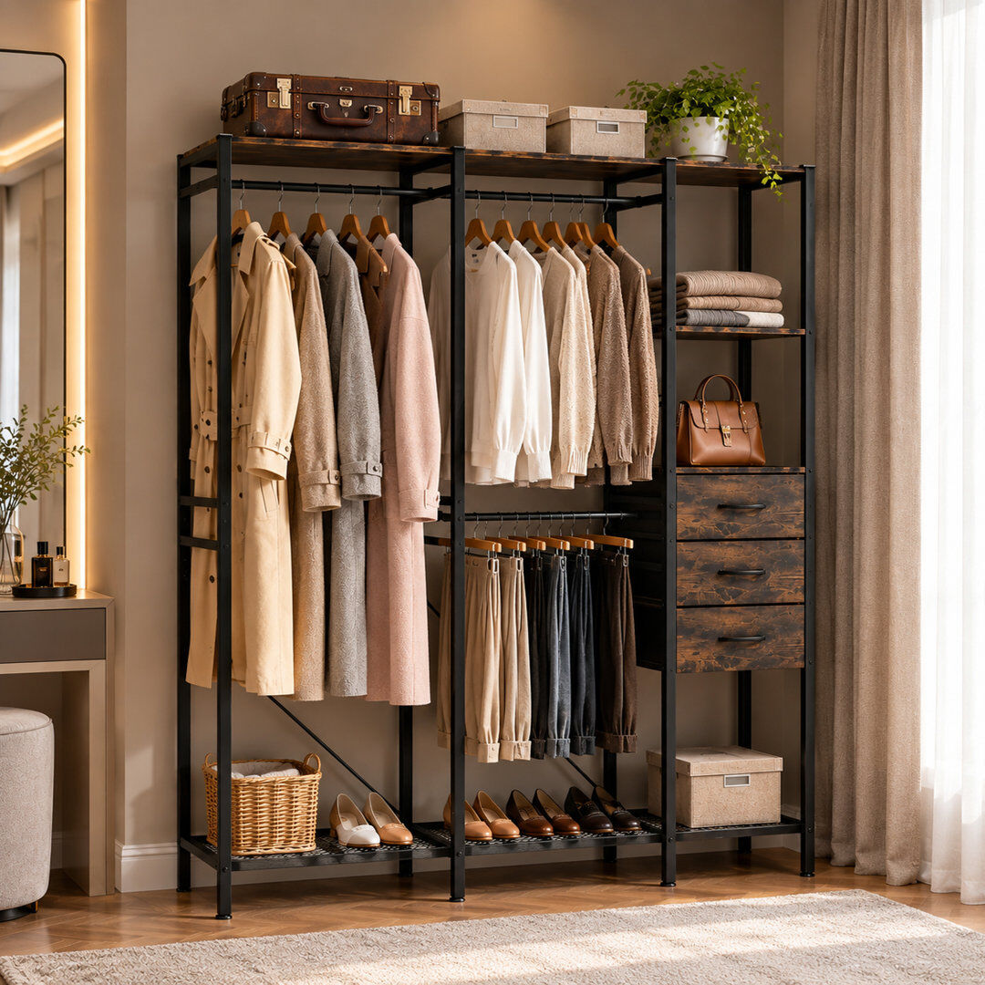 Rio 181cm Tall Freestanding Open Wardrobe with 3 Drawers Hanging Rails Industrial Metal Clothes Rack Brown;Black