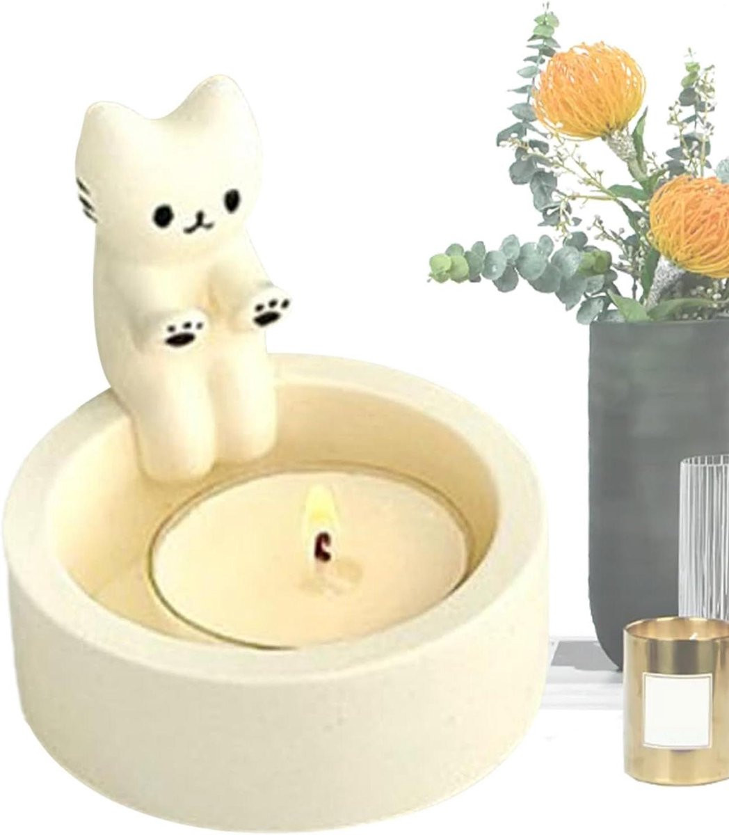 Schattige Katten Kaarsenhouder voor Tealights - Uniek Cartoon Design - Lengte: 25,6 cm