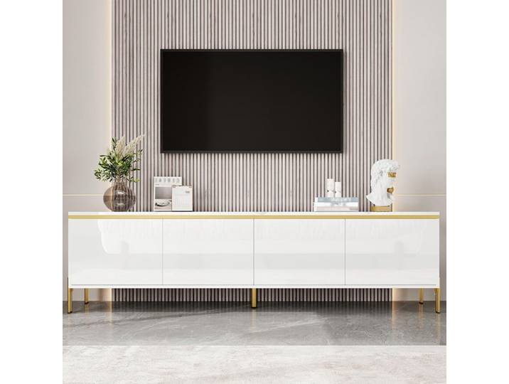 Meuble TV - 170 cm - 4 portes - Blanc brillant - Bordure et pieds dorés