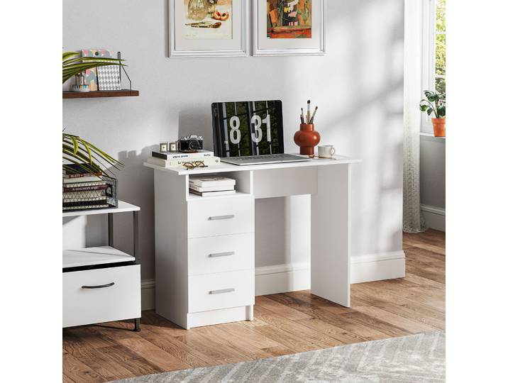 HOMCOM Bureau Moderne Bois 3 Tiroirs Étagère 100x40x75cm Blanc Marron