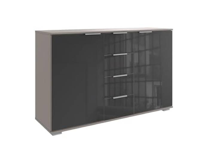 Sideboard >Easy Plus< 4 Schubladen, 2 Drehtüren, Glas Grey & Saharagrau, modernes Design, Stauraum, hochwertig, Made in Germany, Schlafzimmermöbel, zerlegt geliefert, 2 Pakete, 130x83x41cm (BxHxT)