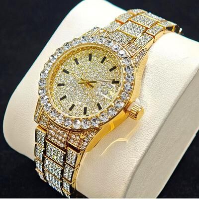 Youfap Market Luxury Stainless Steel Fashion Gold Watches, Elegant Iced Diamond Jewelry, Quartz Wristwatch For Women gold