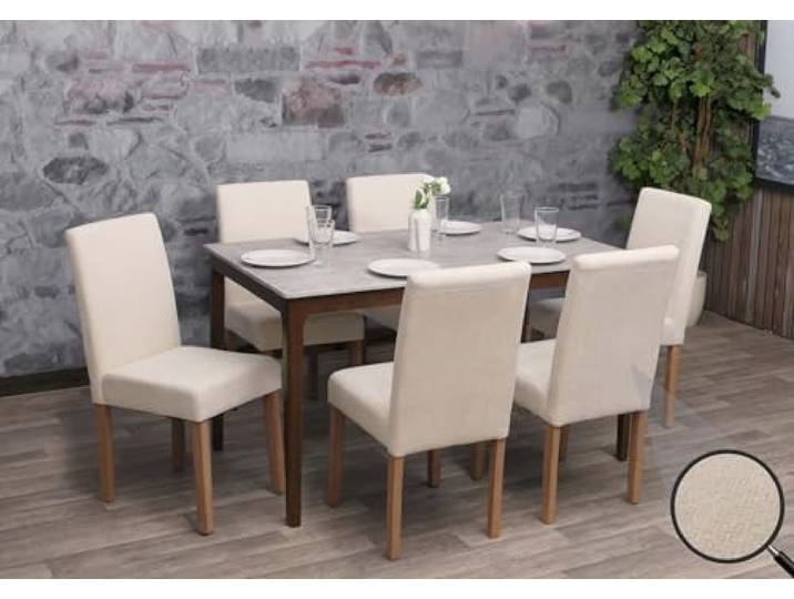 Mendler 6er-Set Stuhl Littau Chenille - Creme, naturfarbene Beine