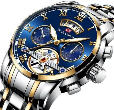 Uplifted Goods Luxury Stainless Steel Mens Watch With Luminescent Display silver Gold Blue Face