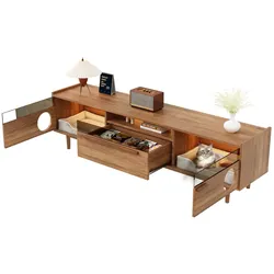 Merax TV Lowboard mit LED-Beleuchtung, TV-Schrank mit Glastüren & Schublade, Katzenhaus integriert, Nussbaum, 180x40x50cm