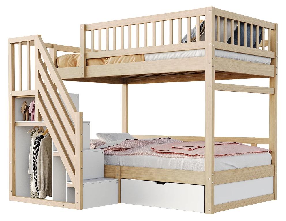 Etagenbett - Massivholz - Kinder- und Jugendbett - Sicherheitsgitter - Leiter - Stauraum mit Schubladen - Grün