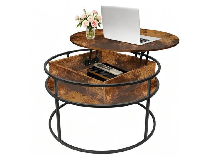 Table Basse Ronde Relevable 60cm Style Industriel avec Compartiment de Rangement Caché VIVOLILV Structure Métallique Noir