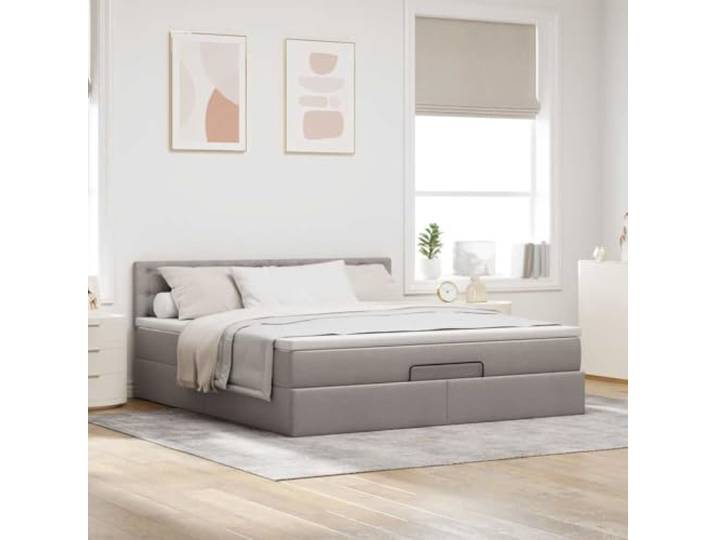 KTHLBRH Pouf Bett mit Matratze 180 x 200 cm Taupe Gepolsterter Boden, hydraulischer Heber, Staufach, Taschenfedern
