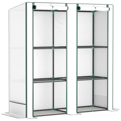 OKWISH Anlehngewächshaus aus Stahl Weiß 144x48x152/142 cm mit Folienabdeckung, 2 Rolltüren und 3-stufigen Regalen
