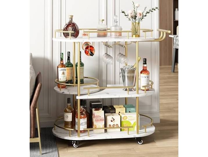 IDEALHOUSE 4-Stufiger Barwagen Mit Weinregal & Glashalter Mobiler Servierwagen mit drehbarem Tablett für Küche, Wohn- und Esszimmer