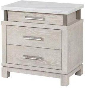 Benjara Loji Nightstand, 3 Drawers, White Marble Top, Weathered Gray, 29 Inch