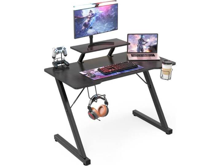 VIVOLILV Bureau gaming - Fibre de Carbone - L 100 x P 54.5 x H 75 cm - Bureau gamer Form Z - Noir
