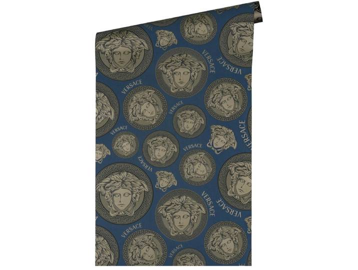 \ MEDUSA HOOFD\ SATIJN GLANZEND BEHANG Design - blauw parelbeige zwart - A.S. Création Versace 5