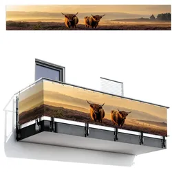 BALKON-SICHTSCHUTZ Schottische Hochlandbewohner - Heide - Landschaft - Tiere Balkon Deko 500x75 cm