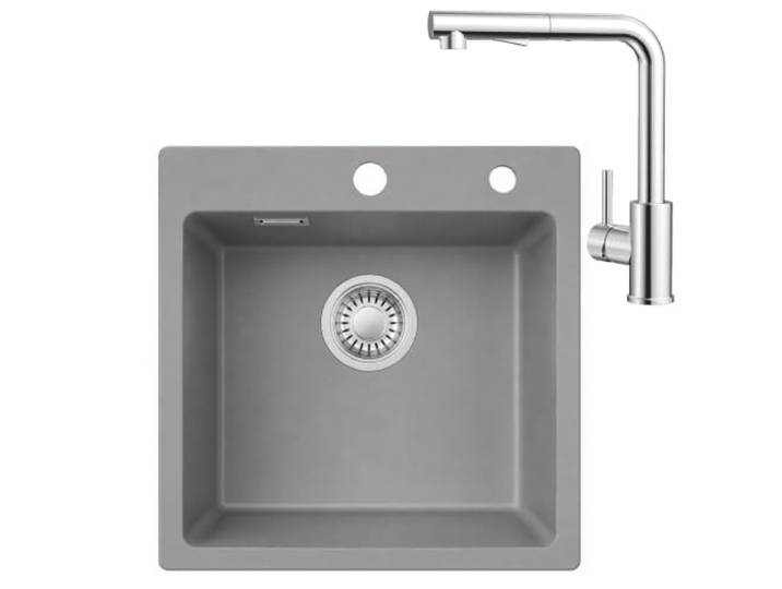 CECIPA Granitspüle 40×45 cm Grau mit Armatur Chrom, Spülbecken Küche Klein Mit ausziehbarem Wasserhahn in Chrom, Einzelbecken mit Ablaufset – ideal als platzsparende Einbauspüle.