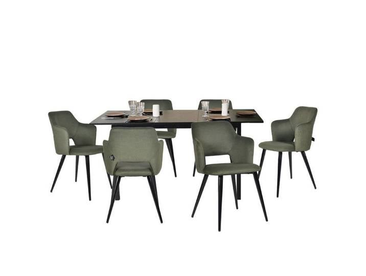MEUBLES COSY Ensemble table à manger extensible noire et 6 fauteuils en tissu vert de style scandinave