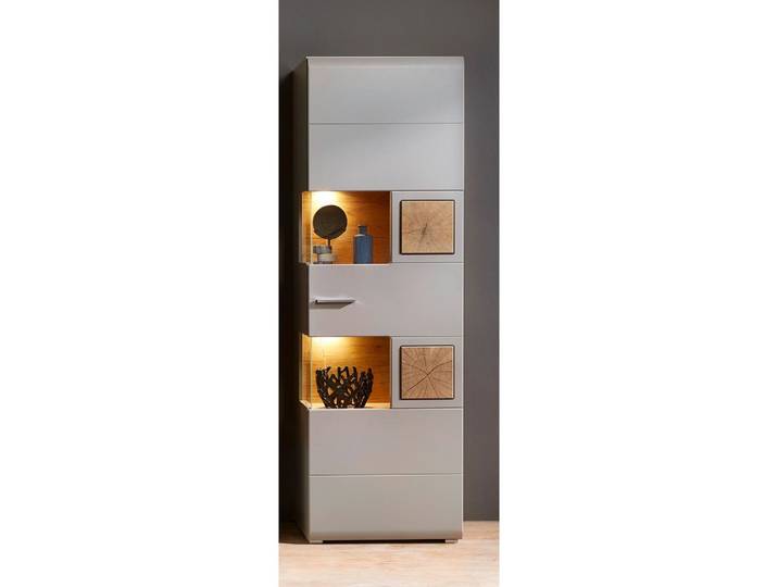 Lomadox Vitrine FARO-36 mit Absetzungen in Eiche Hirnholz Nb., LED Beleuchtung 65/205/37 cm