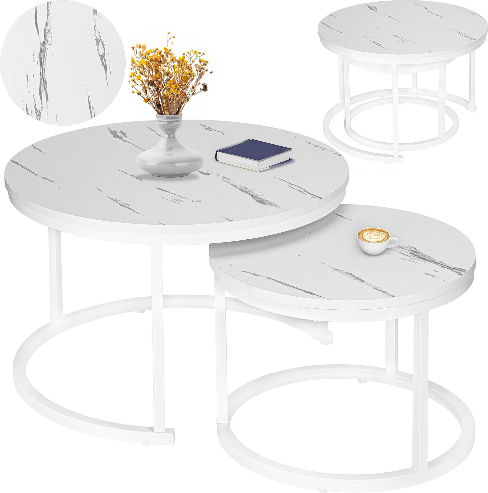 LoftInspired Set van twee bijzettafels Galen, wit met marmerlook