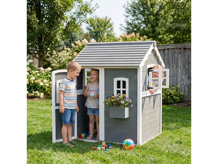 Outsunny Cabane Bois Enfant Extérieur Gris Fenêtres