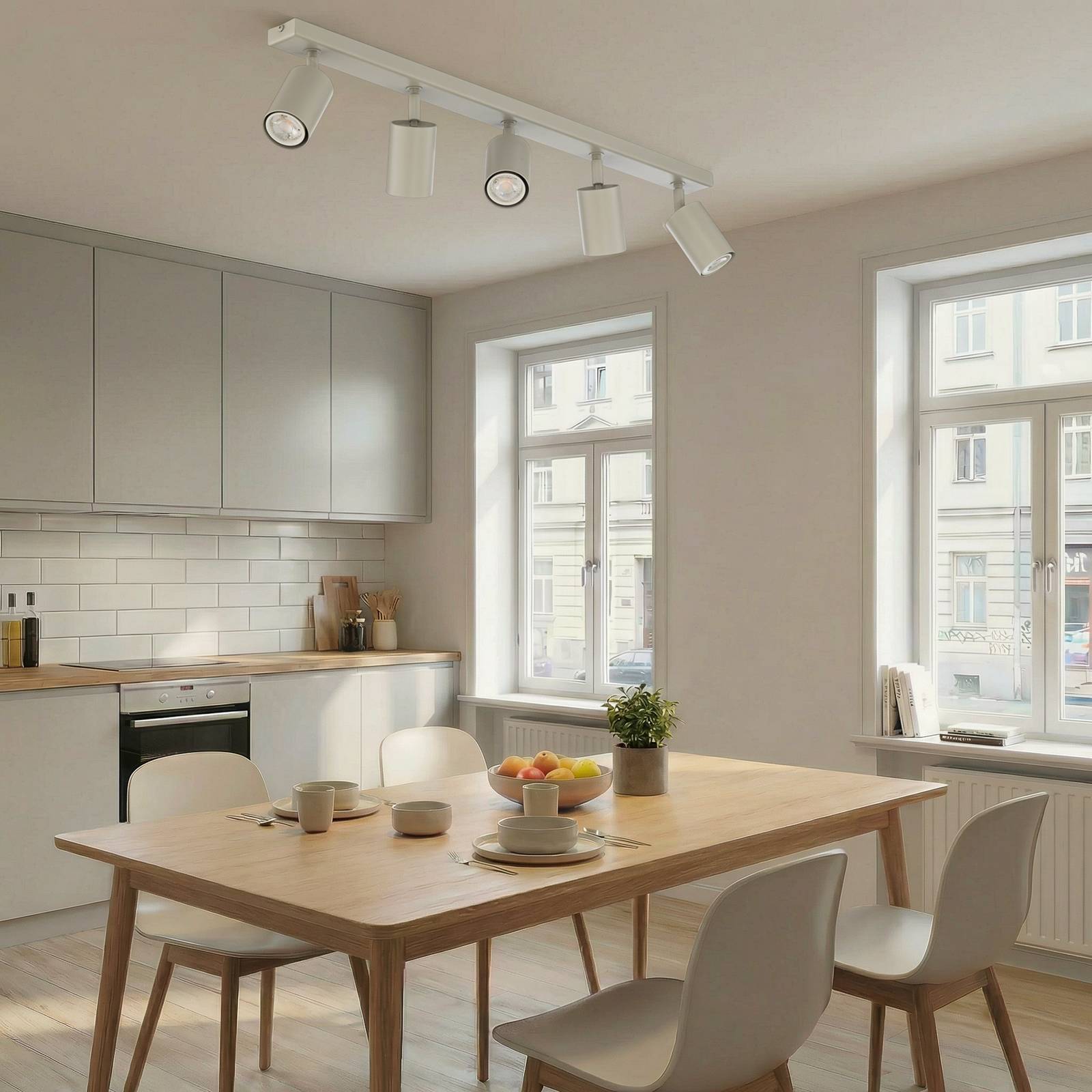 Deckenstrahler Zoom, 5-flammig, grau-beige, Stahl, GU10 Zoom SIGMA, dimmbar, creme / amber, für Wohn- / Esszimmer, Metall, Modern, Strahler