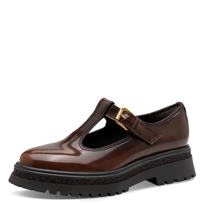 Slipper TAMARIS, Damen, Gr. 38, ungefüttert, beige (braun), Lacklederimitat, glänzend, unifarben, Basic, Schuhe Slipper, Chunky-Slipper, T-Spangen, Loafer, in veganer Verarbeitung